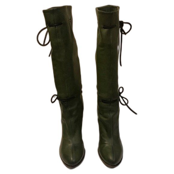 Fiorentini +Baker Women's Green Almond Toe Leather Tall High Heeled Boots Sz 6.5 - Picture 3 of 15